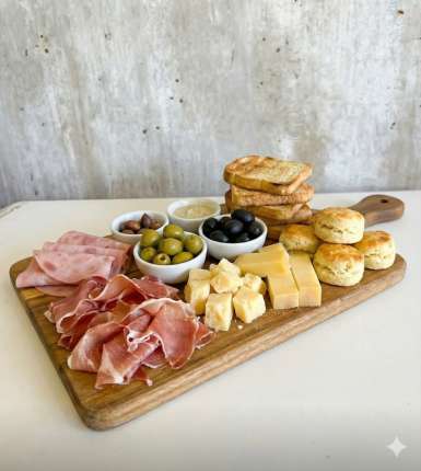 Picada para dos con jamón crudo, jamón cocido, queso parmesano, queso gruyere, queso dambo, aceitunas verdes, tostadas, aceitunas, scones de queso - cafeteria en Cuca y Manuel - Caba - San Telmo