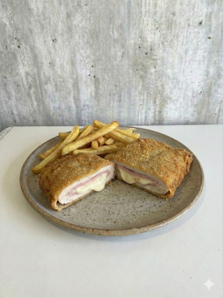 Suprema de pollo rellena con jamón y queso con guarnición - cafeteria en Cuca y Manuel - Caba - San Telmo